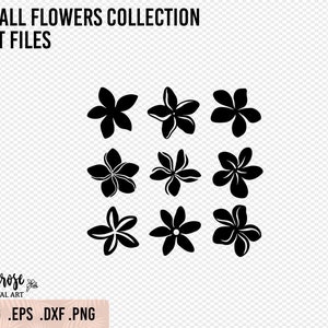 May include: A set of nine black silhouette images of small flowers. The flowers are arranged in three rows of three. The flowers are all different shapes and sizes. The images are perfect for crafting and design projects.