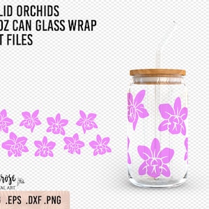 May include: A 16oz glass can wrap design featuring a pattern of purple orchids. The design is available in SVG, EPS, DXF, and PNG formats.  "SOLID ORCHIDS 16OZ CAN GLASS WRAP CUT FILES" is written in black text at the top of the image.