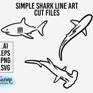 Simple Shark SVG 3 sharks Line art cut files, Great White, Hammerhead shark digital art for cricut decals htv iron on&#39;s png shark tattoo