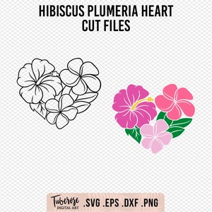 May include: A digital cut file design featuring a heart shape made of hibiscus and plumeria flowers. The design is available in black and white outline and in color with pink and white flowers.