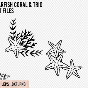 May include: Black and white line art illustration of a starfish and coral. The starfish is in the center of the image and the coral is to the left of the starfish. The image is on a transparent background.