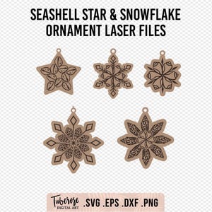May include: Five laser cut ornament designs: a star with seashell details, three snowflakes with seashell details, and a snowflake with a floral design. The designs are in brown on a transparent background. The text "SEASHELL STAR & SNOWFLAKE ORNAMENT LASER FILES" is at the top of the image. The text "TUBEROSE DIGITAL ART .SVG .EPS .DXF .PNG" is at the bottom of the image.