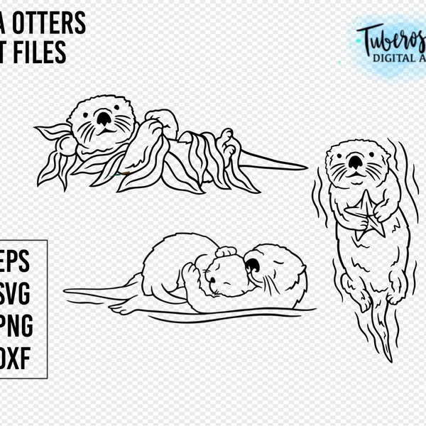 Sea Otter SVG cut files, Sea Otter Kelp Sea Animal cut files, Otter and baby Ocean line art sticker design, Otters Illustration PNG