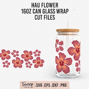 May include: A digital download of cut files for a 16oz can glass wrap featuring a pink and white floral design. The design includes a repeating pattern of pink flowers with white centres. The text "HAU FLOWER 16OZ CAN GLASS WRAP CUT FILES" is displayed at the top of the image.
