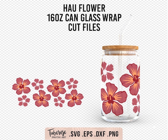 Hau Flower Can Glass wrap SVG, 16oz sea hibiscus design wrap around, cup wrap Presized glass wrap, hi-res png file