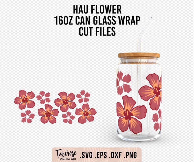 May include: A digital download of cut files for a 16oz can glass wrap featuring a pink and white floral design. The design includes a repeating pattern of pink flowers with white centers. The text "HAU FLOWER 16OZ CAN GLASS WRAP CUT FILES" is displayed at the top of the image.