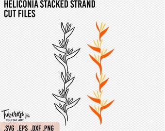 May include: A black and white line drawing of a Heliconia flower, with a colored version of the flower in orange and yellow on the right side. The text "Heliconia Stacked Strand Cut Files" is at the top of the image. The text ".SVG .EPS .DXF .PNG" is at the bottom of the image.