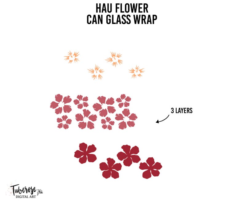 May include: A digital download of a layered design for a Hau flower can glass wrap. The design features three layers of red flowers, with the top layer featuring a lighter shade of red. The design is perfect for adding a touch of elegance to your home decor.