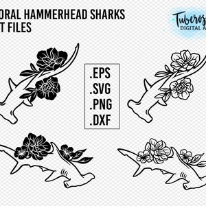 Floral Hammerhead Sharks SVG's, Geïllustreerde hamerhaai lijn kunst, tattoo stijl bloemen bloemen Haai PNG, Cricut haai ontwerp girly haai