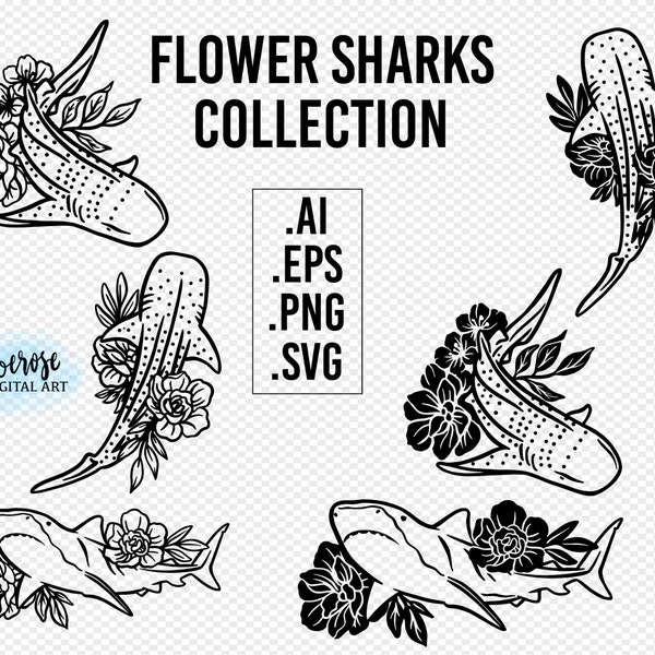 Sharks and flowers SVG Illustration icons, tattoo style flowers floral Shark PNG, Cricut shark designs girly shark, line art sticker Iron On