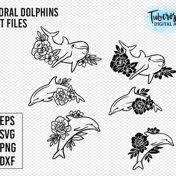 Floral Dolphins SVG, Delfin Blumen Illustration Icons, Tattoo Stil Blumen, Ocean Life Sticker Datei, PNG, Cricut Designs, Sea Line Art