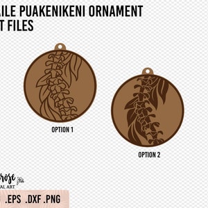 May include: Two brown, circular, decorative ornaments with a floral design. The design features a stylized depiction of a lei with flowers and leaves. The text "OPTION 1" and "OPTION 2" are below each ornament.