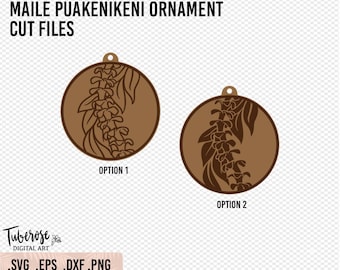 Maile PuaKenikeni Ornament Laser-Dateien, SVG Lei-Design in Umriss und Solid-Stile, rundes Puakekeni Weihnachten hängendes Ornament Design
