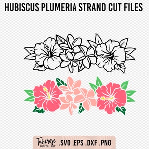 Hibiskus- und Plumeriablätter Strang SVG, Hibiskus-Cluster, Frangipani Tropischer hawaiianischer Aufkleberdesign, Tropische Blumengirlanden-Schnittdatei