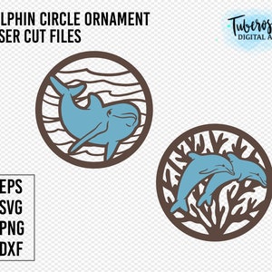 Delfin Holz Ornament Laser SVG, Ozean Tier Kreis Ornament Schneidedatei Glowforge Cricut Meer Leben Kunst Dateien, Delfine Korallenriff Wellen