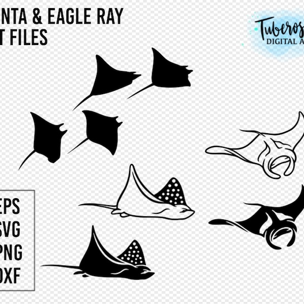 Manta Ray SVG cut files, Spotted Eagle Ray, Sea Animal cut files, Manta Silhouettes, Ocean line art sticker design, Manta Ray Illustration