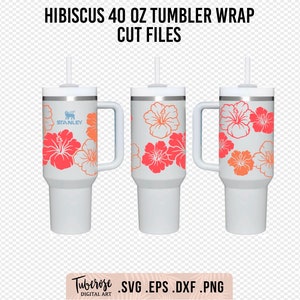 Hibiscus flower 40oz Stanley Tumbler wrap SVG, Insulated tumbler Summer design, Tropical Flower cricut file, sticker design wrap around