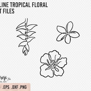 1-lijns Tropical Floral SVGs, Illustrated Heliconia, Plumeria en Hibiscus line art in een ononderbroken lijnstijl voor stickers, opstrijkbare clip art