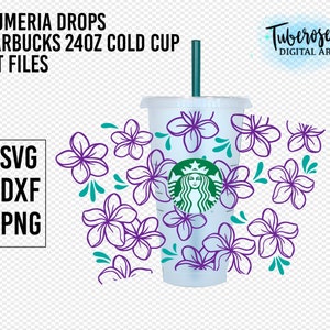 Plumeria Cup Wrap SVG para 24oz Sbux Cold Cup, con logotipo recortado, Diseño floral Plumeria SVG DXF Cricut archivo Frangipani en capas Tumbler archivo