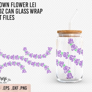 Crown Flower Lei 16oz Can Glass SVG, Lei Pua Kalaunu cup wrap Presized glass wrap, Hawaiian flower cut files, lei strand wrap around