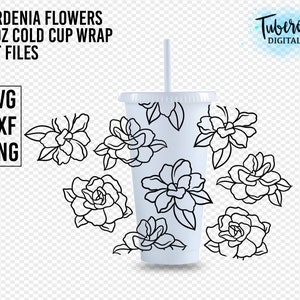 Gardenia Blumen 24oz Cold Cup Wrap SVG, Kein Loch, Illustrierte Gardenia Umriss, Florales Design Becher Wrap, Cricut Datei für Becher