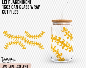 Puakenikeni Lei 16oz Can Glass SVG,  Floral lei cup wrap Presized glass wrap, Hawaiian flower cut files, lei strand wrap around, PNG