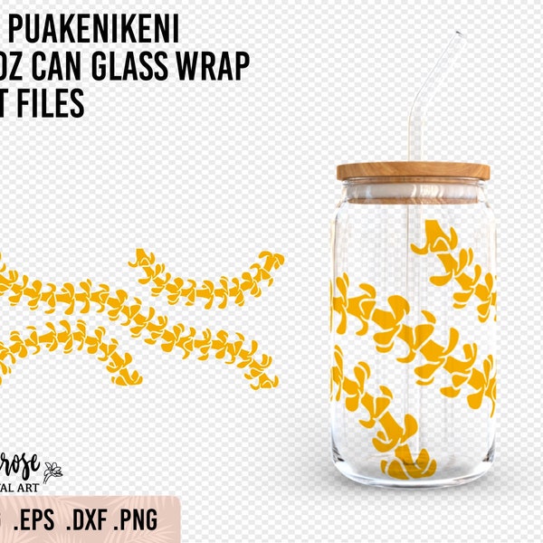 Puakenikeni Lei 16oz Can Glass SVG,  Floral lei cup wrap Presized glass wrap, Hawaiian flower cut files, lei strand wrap around, PNG