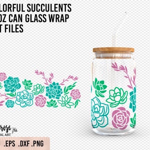 Bunte Sukkulenten können Glas wickeln, Echeveria Sukkulenten SVG schneiden Dateien, Presized Aufkleber Datei für ein 16 Unzen Libbey Dose Glas, Pflanze SVG Aufbügeln