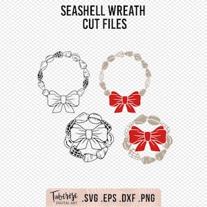 May include: Digital cut files featuring seashell wreath designs with bow accents. The image includes black and white and red and beige color variations. Text at the top reads "Seashell Wreath Cut Files". The bottom text reads "Tuberose Digital Art .SVG .EPS .DXF .PNG".