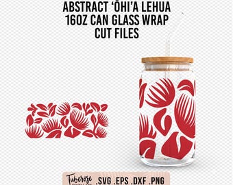 Puede incluir: Diseño de corte digital rojo y blanco para un envoltorio de vidrio de 473 ml con un patrón de flores 'Õhi'a Lehua estilizado. El diseño se muestra en un vaso con una pajita y una tapa de madera.