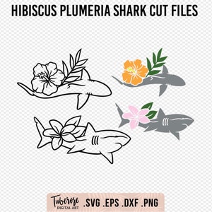 Hibiskus und Plumeria Shark SVG-Schnittdateien, Illustrierte Tropische FloralShark-Linienkunst, Aufkleber, Clip Art Enthält auch Laserausschnittdatei