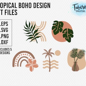 Tropical Boho SVG, Bohemian Designs with Plumeria, Monstera and palm frond elements, Boho Cut files, cup stickers, layered vinyl projects