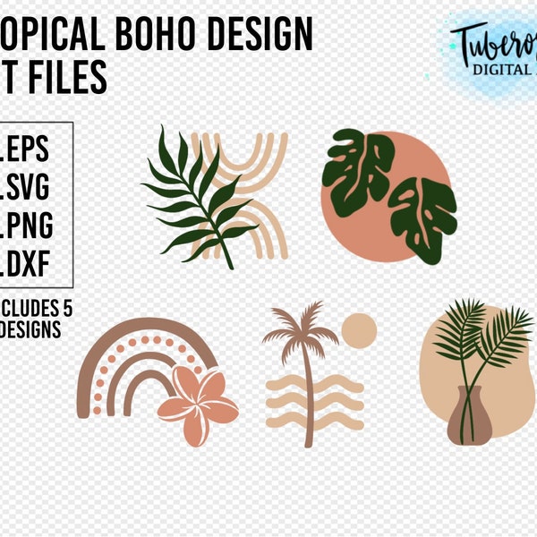 Tropical Boho SVG, Bohemian Designs with Plumeria, Monstera and palm frond elements, Boho Cut files, cup stickers, layered vinyl projects