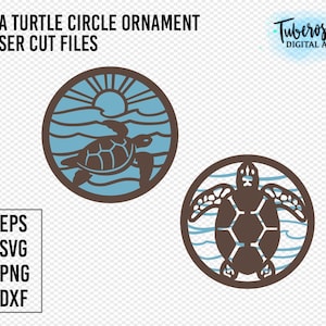 Meeresschildkröte Holz Ornament Laser SVG, Ozean Tier Kreis Ornament Schneidedatei, Honu SVG, Glowforge Cricut Meer Leben Layered Art Datei Sonnenuntergang Wellen