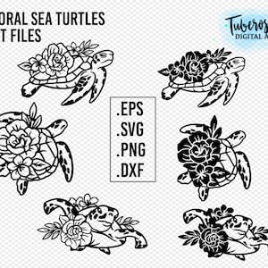 Tortugas marinas florales SVG, iconos de ilustración de tortugas y flores, flores de estilo de tatuaje, honu SVG Ocean Life Sticker file, PNG cricut files