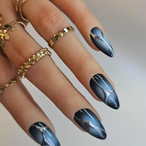 Futuristic Chrome Press On Nails: Black, Blue & Silver Handmade False Nails