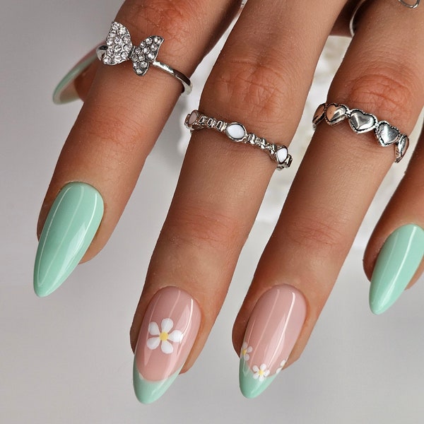 Easter or spring, pastel green with french and flowers detailing, handmade reusable press on nails. Press ons uk