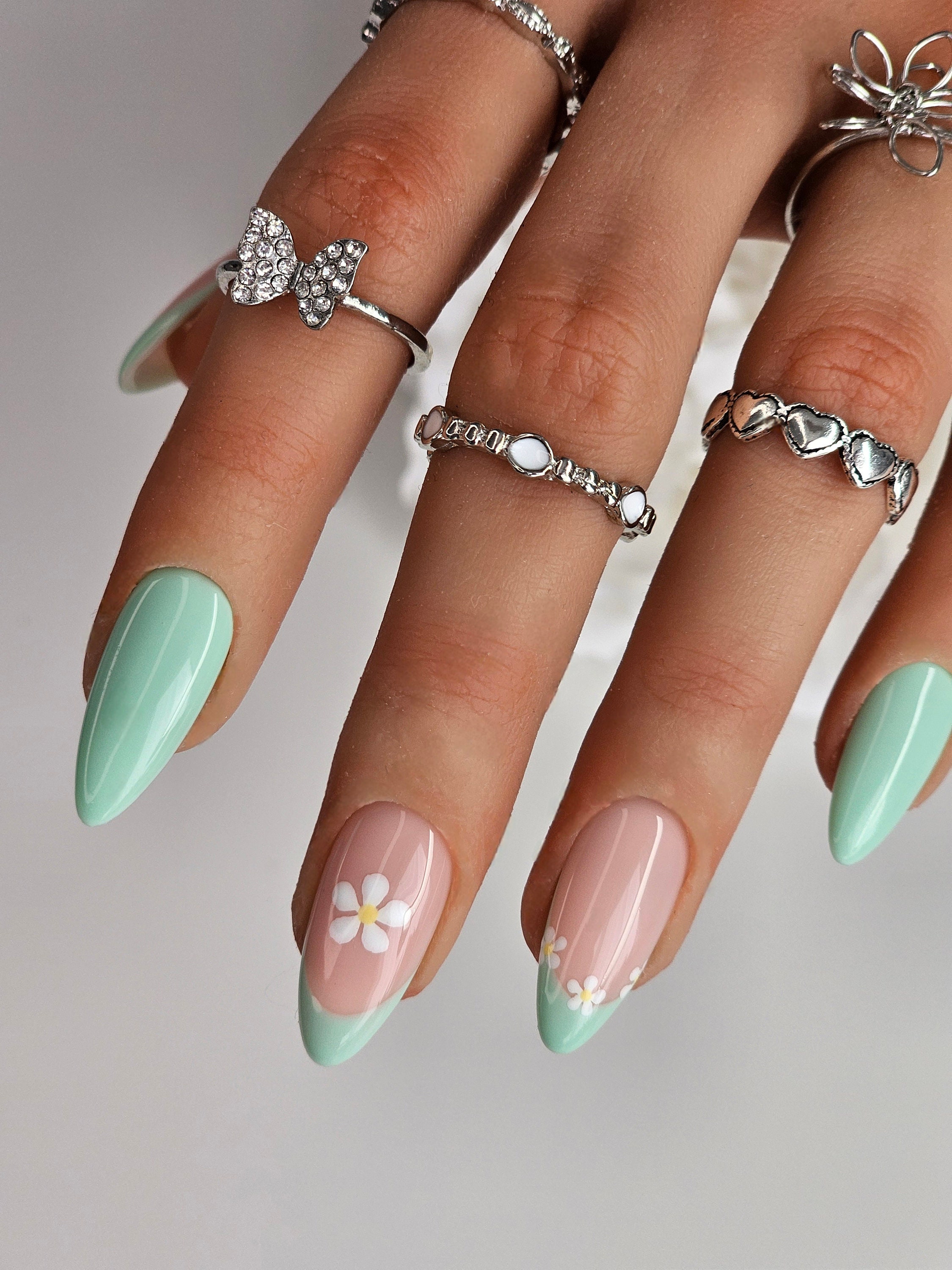 Preppy Mint Green Nails with Floral Flair