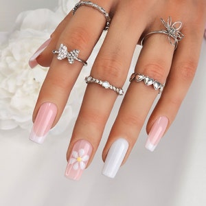 Easter or spring, off white french with flowers, floral design handmade reusable press on nails. Press ons uk