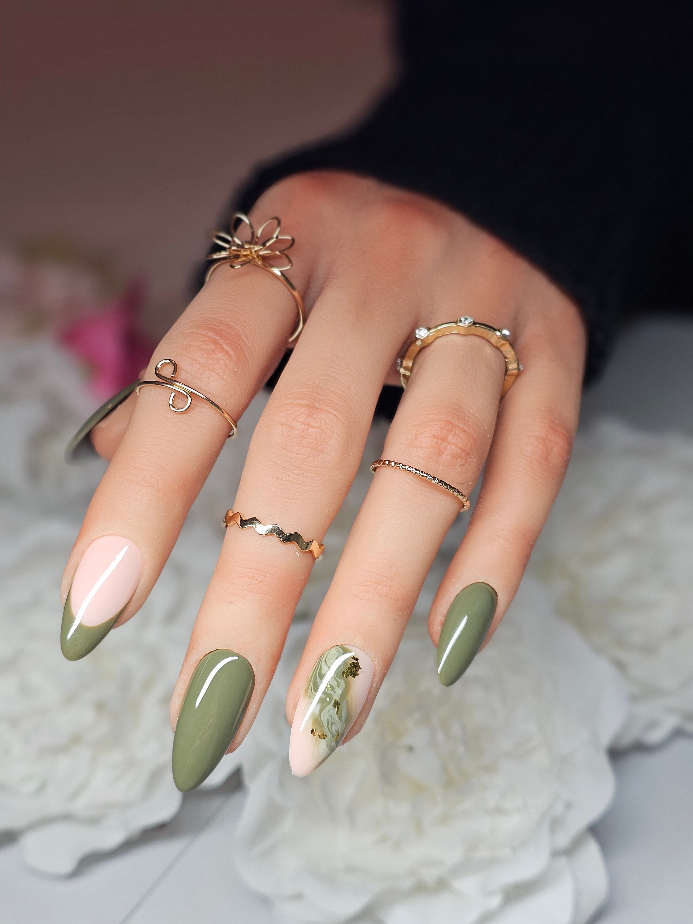 Olive Green With Marble Accent and Gold Flakes Reusable Press on Nails.  Stunning Set, Trending Colour, Handmade by Qualified Nail Tech - Etsy