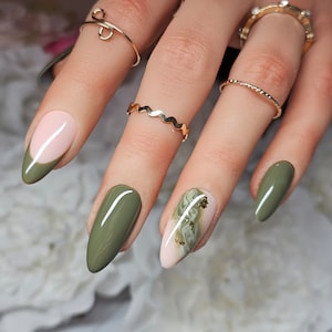 Olive green with marble accent and gold flakes reusable press on nails. Stunning set, trending colour, handmade by qualified nail tech