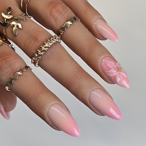 Pink and coral ombre nails with 3d flower, summer nails, vacation/holiday Press on nails, stick on nails, false nails, handmade in uk