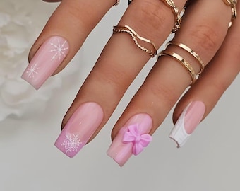 Pink Snowflake Press On Nails: Handmade Christmas Holiday Nail Art