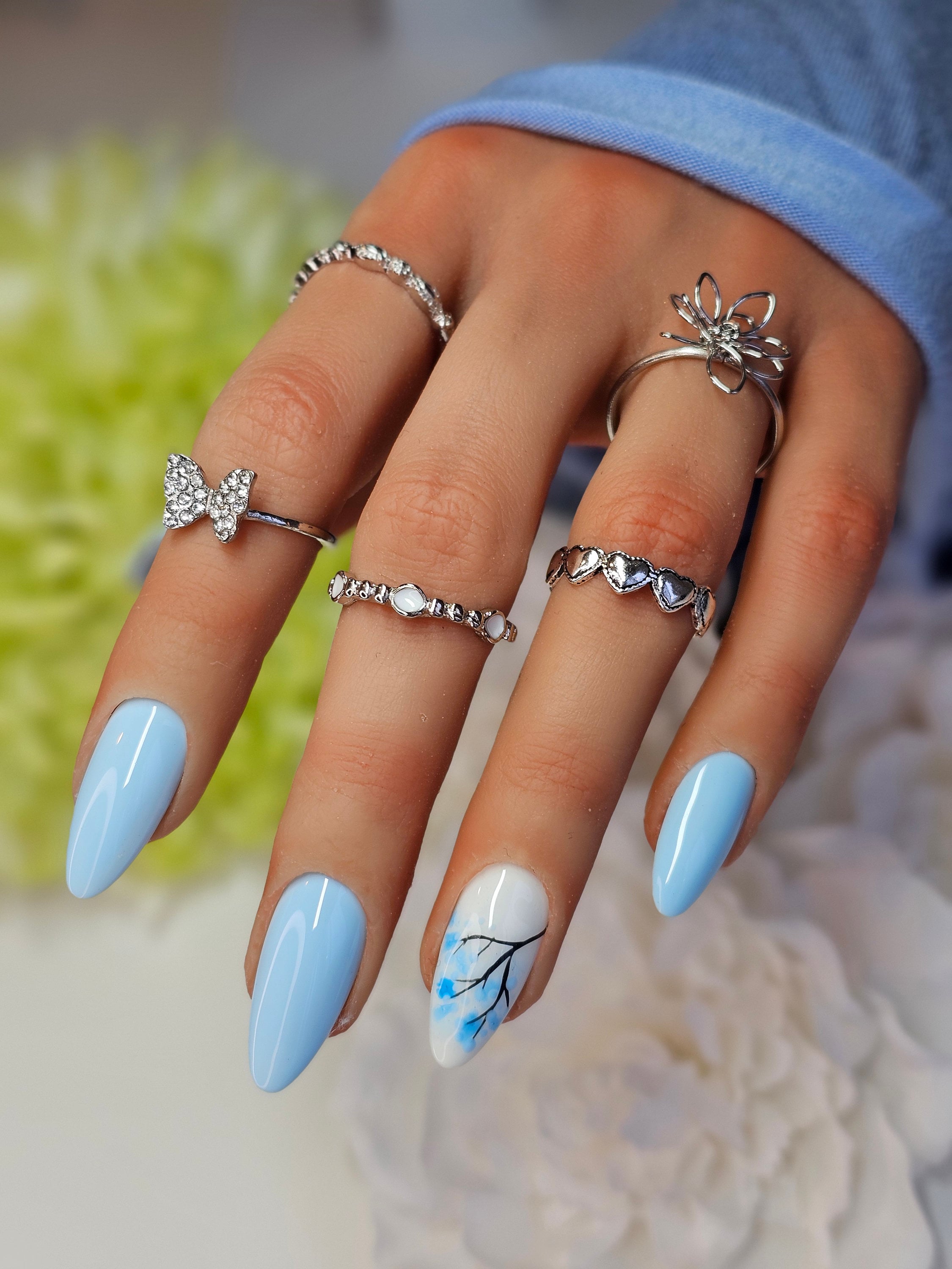 Pastel Blue Cherry Blossom Design Press Ons Pastel Spring Trending Reusable Press on Nails. Handmade by a Qualified Nail Tech Etsy