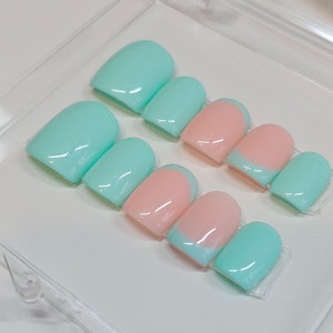 Milky pastel green press on nails, French and cuff  green, summer press ons, uk based, handmade, qualified nail tech, trending, cute pretty