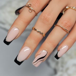 Black French Manicure with a beautiful gold detail accent finger. Classic, simple, reusable press on nails handmade by qualified nail tech.