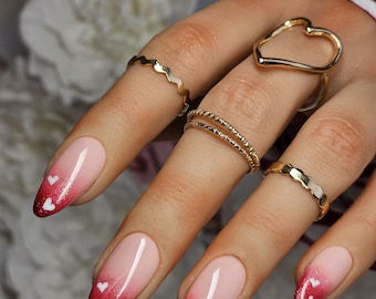 Unhas de pressão com glitter vermelho ombré: Nail art reutilizável feita à mão, dia dos namorados, corações