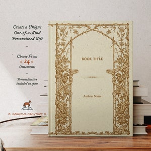Puede incluir: Una portada de libro con un diseño vintage que presenta un arco floral y el texto "BOOK TITLE" y "Authors Name". La portada es beige con acentos marrones. El texto "Create a Unique One-of-a-Kind Personalized Gift" y "Choose From *24* Ornaments" es visible en el lado izquierdo de la portada.