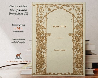May include: A book cover with a vintage design featuring a floral archway and the text "BOOK TITLE" and "Authors Name". The cover is beige with brown accents. The text "Create a Unique One-of-a-Kind Personalized Gift" and "Choose From *24* Ornaments" is visible on the left side of the cover.