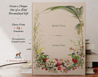 May include: A book cover with a floral design featuring a palm tree, flowers, and leaves. The book title and author's name are displayed on the cover. The text "Create a Unique One-of-a-Kind Personalized Gift" and "Choose From *24* Ornaments" is also included on the cover.